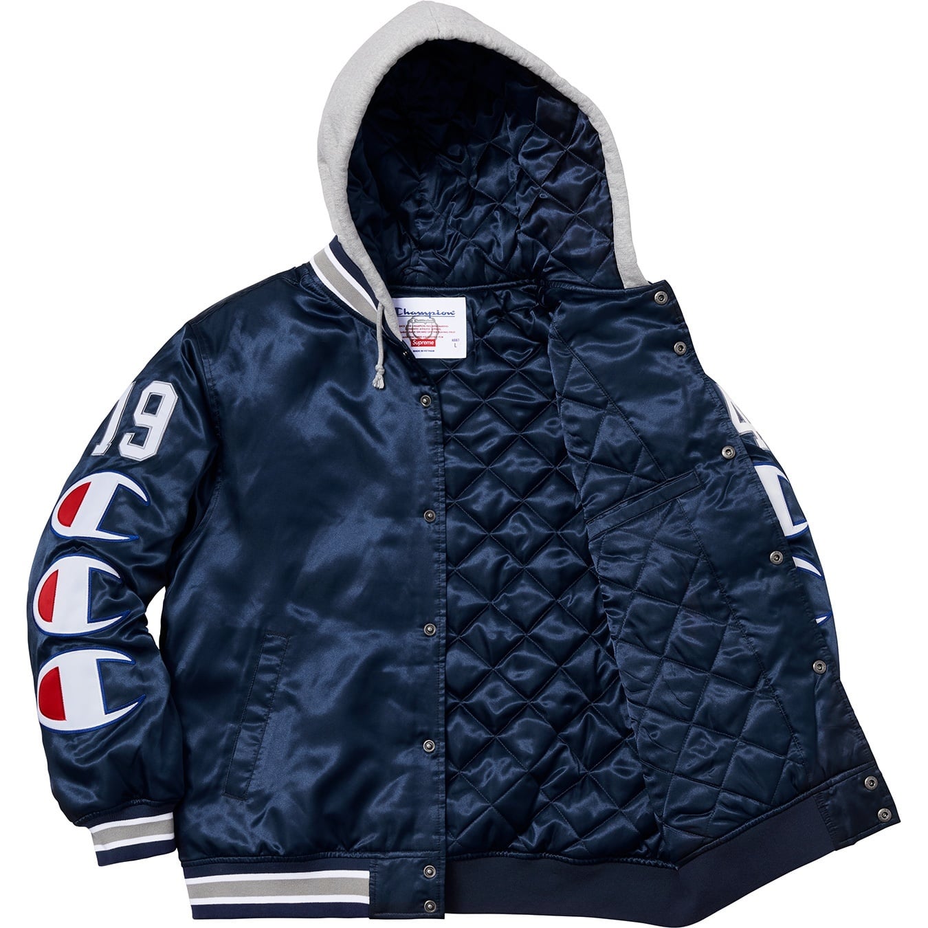Supreme®/Champion® Hooded Satin Varsity Jacket view 3